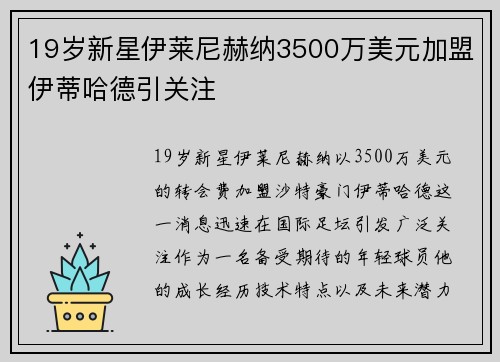 19岁新星伊莱尼赫纳3500万美元加盟伊蒂哈德引关注